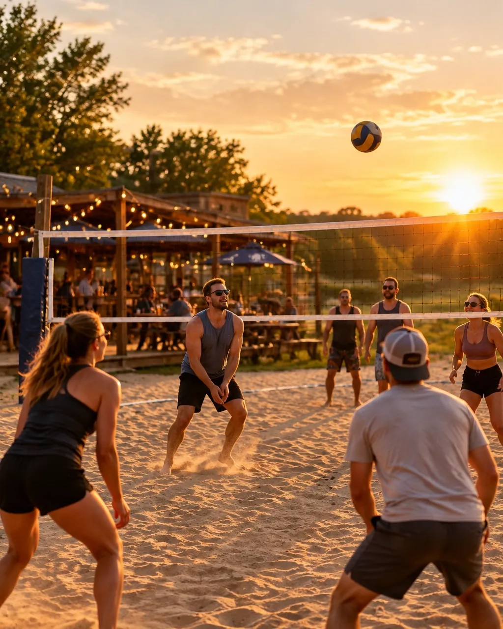 Outdoor sand volleyball courts in golden-hour light
