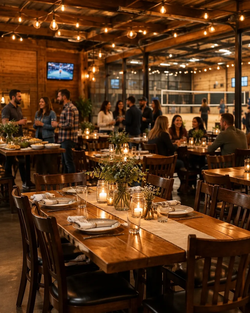Guests gathered in a warmly lit event space