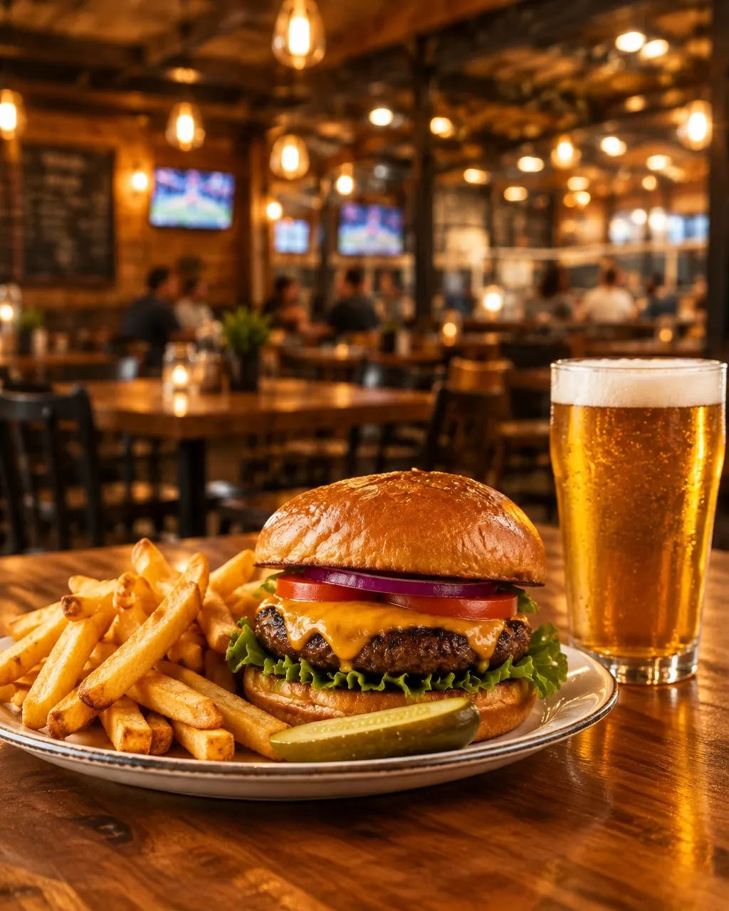 Food and a drink at a tavern table