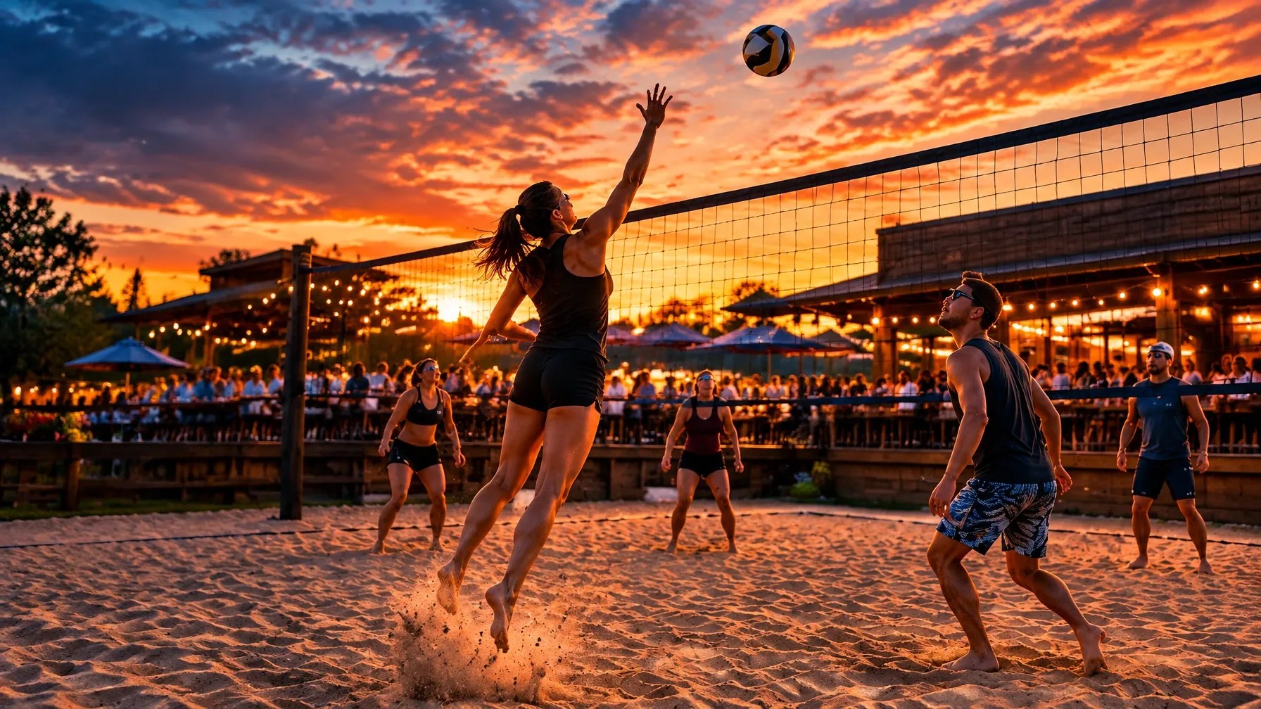 Outdoor volleyball game at sunset