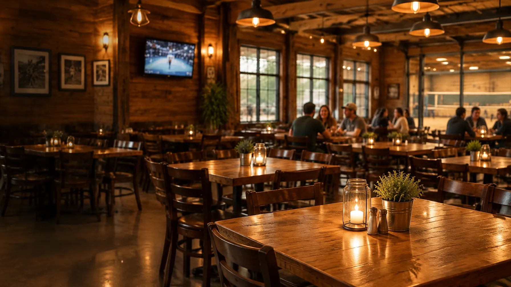Warm tavern dining room with event tables and an indoor volleyball court